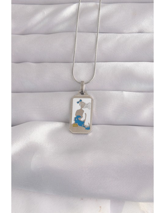 316L Çelik Gümüş Renk Beyaz Mineli Kız Figür Tarot Kolye - TJ-BKO9049