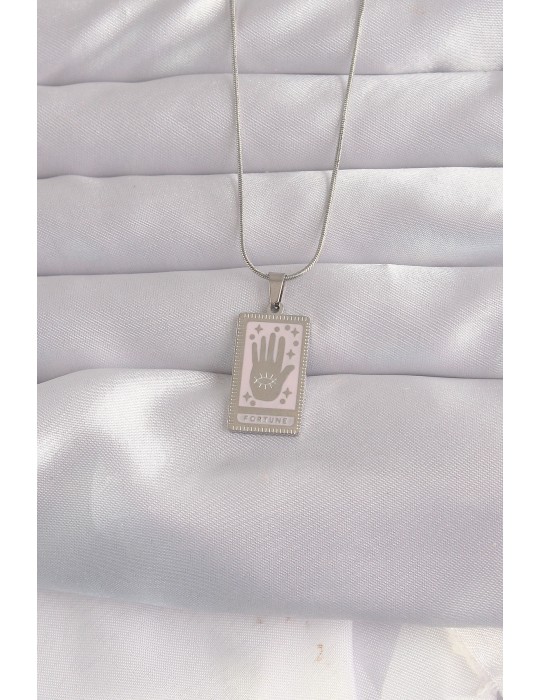 316L Çelik Gümüş Renk Pembe Mineli El Figür Tarot Kolye - TJ-BKO9050