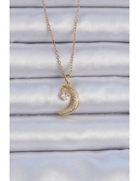 316L Çelik Zincir Altın Renk Zirkon Taşlı Sallantılı Ay Yıldız Kolye - TJ-BKO9061