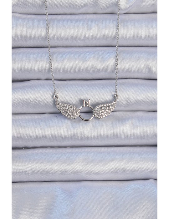 316L Çelik Zincir Gümüş Renk Kanatlı Tektaş Kolye - TJ-BKO9078