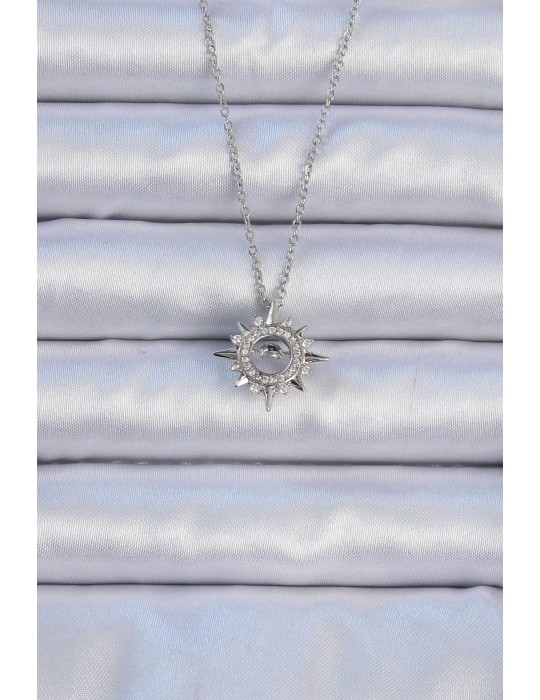 316L Çelik Zincir Gümüş Renk Zirkon Taşlı Parlayan Yıldız Kolye - TJ-BKO9084