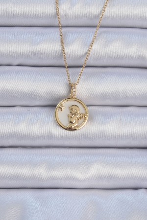 316L Çelik Zincir Altın Renk Zirkon Taşlı Mineli Melek Kolye - TJ-BKO9085