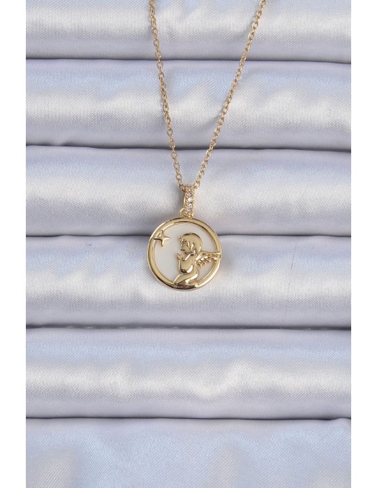 316L Çelik Zincir Altın Renk Zirkon Taşlı Mineli Melek Kolye - TJ-BKO9085