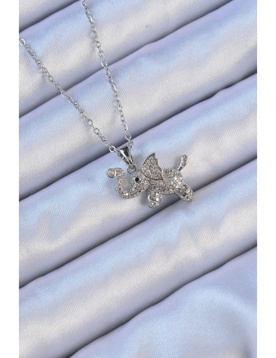 316L Çelik Zincir Gümüş Renk Zirkon Taşlı Fil Kolye - TJ-BKO9092