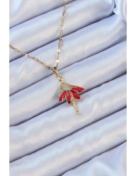 316L Çelik Zincir Altın Renk Kırmızı Etekli Zirkon Taşlı Balerin Kolye - TJ-BKO9099