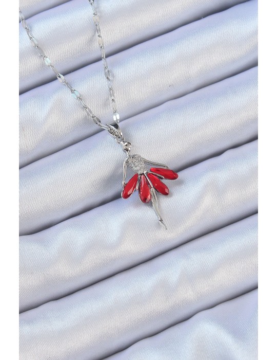 316L Çelik Zincir Gümüş Renk Kırmızı Etekli Zirkon Taşlı Balerin Kolye - TJ-BKO9100