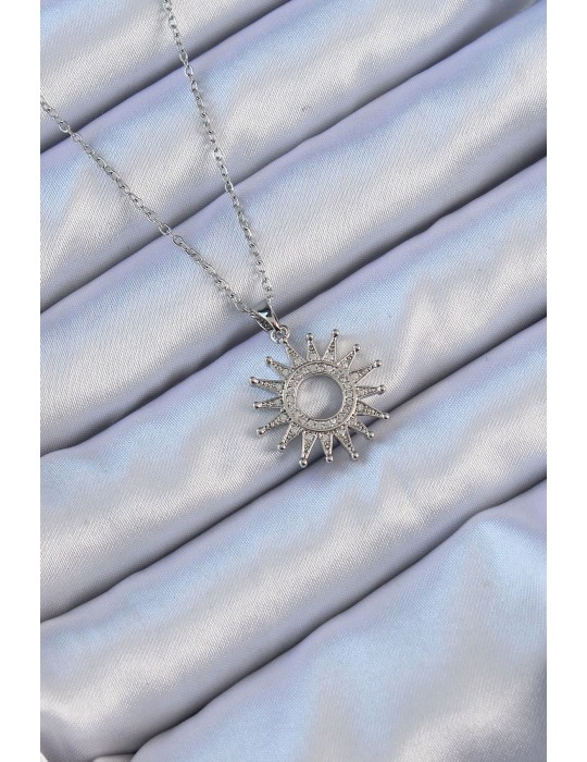316L Çelik Zincir Gümüş Renk Zirkon Taşlı Parlayan Güneş Kolye - TJ-BKO9106