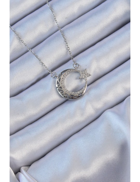 316L Çelik Zincir Gümüş Renk Zirkon Taşlı Motifli Ay Yıldız Kolye - TJ-BKO9116