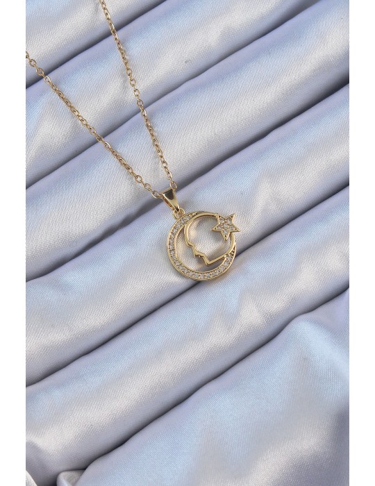 316L Çelik Zincir Altın Renk Zirkon Taşlı Ay Yıldız Simgeli Atatürk Kolye - TJ-BKO9117