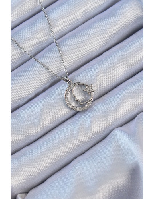 316L Çelik Zincir Gümüş Renk Zirkon Taşlı Ay Yıldız Simgeli Atatürk Kolye - TJ-BKO9118