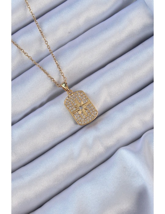 316L Çelik Zincir Altın Renk Zirkon Taşlı Kutup Yıldızlı Vintage Kolye - TJ-BKO9123