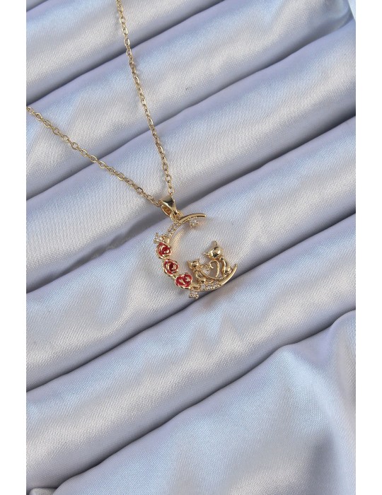 316L Çelik Zincir Altın Renk Kırmızı Gül Detay Kedi Figür Zirkon Taşlı Ay Kolye - TJ-BKO9129