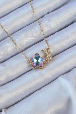 316L Çelik Zincir Altın Renk Ay Tasarımlı Renkli Zirkon Taşlı Çiçek Kolye - TJ-BKO9135 316L Çelik Zincir Altın Renk Ay Tasarımlı Renkli Zirkon Taşlı Çiçek Kolye - TJ-BKO9135