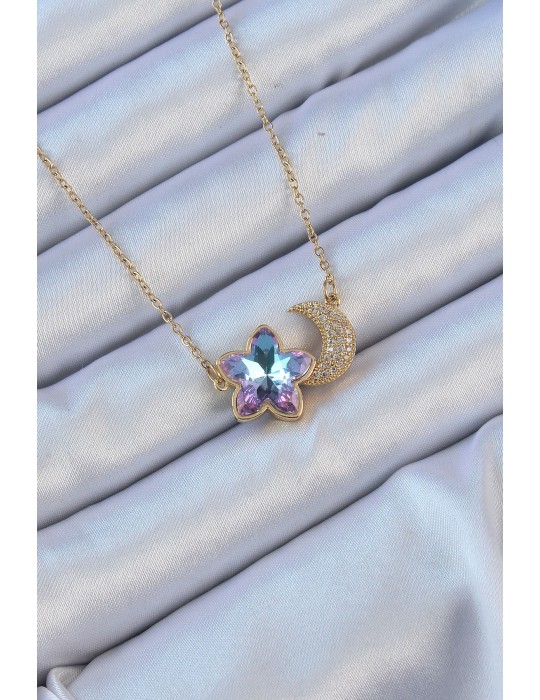 316L Çelik Zincir Altın Renk Ay Tasarımlı Renkli Zirkon Taşlı Çiçek Kolye - TJ-BKO9135