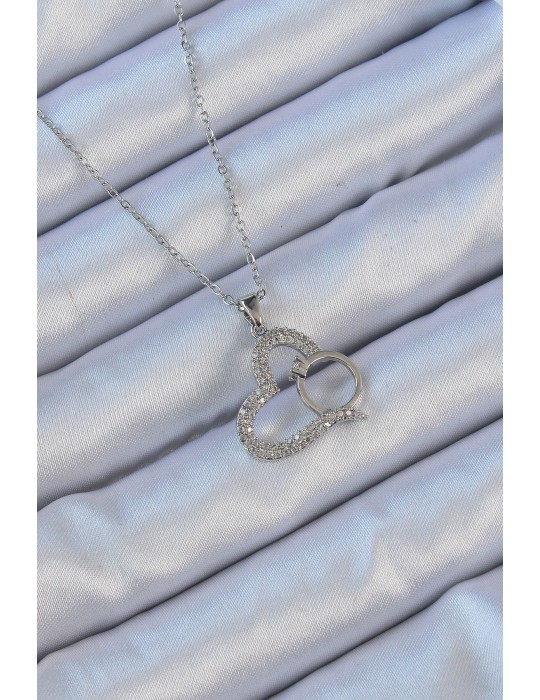 316L Çelik Zincir Gümüş Renk Zirkon Taşlı Yüzüklü Kalp Kolye - TJ-BKO9146