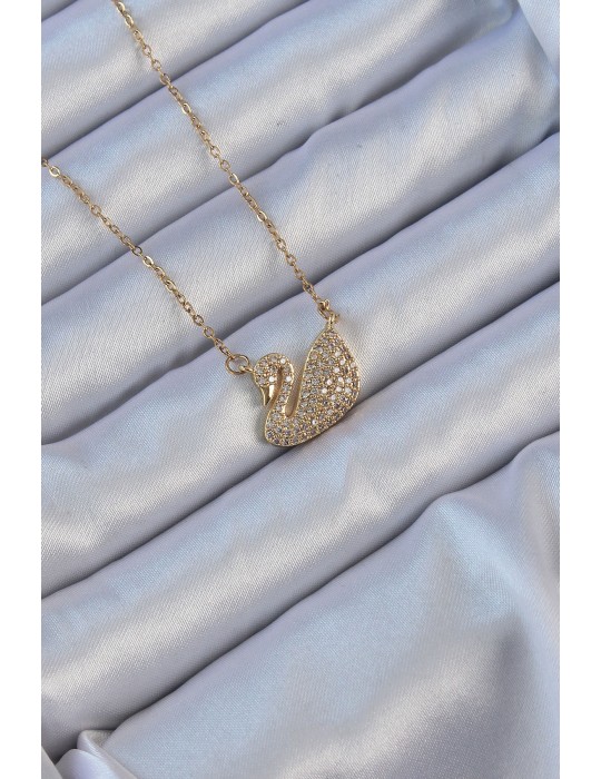 316L Çelik Zincir Altın Renk Zirkon Taşlı Kuğu Kolye - TJ-BKO9149