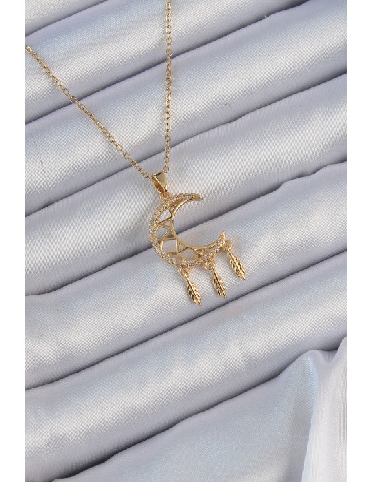 316L Çelik Zincir Altın Renk İşlemeli Zirkon Taşlı Ay Kolye - TJ-BKO9171