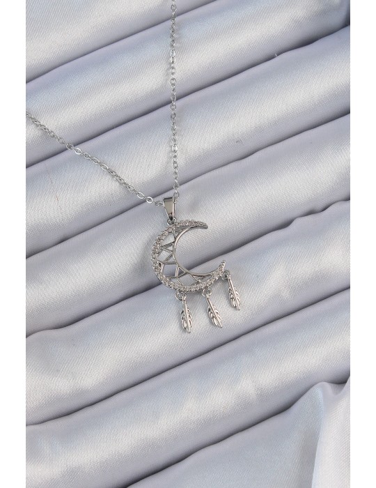 316L Çelik Zincir Gümüş Renk İşlemeli Zirkon Taşlı Ay Kolye - TJ-BKO9172