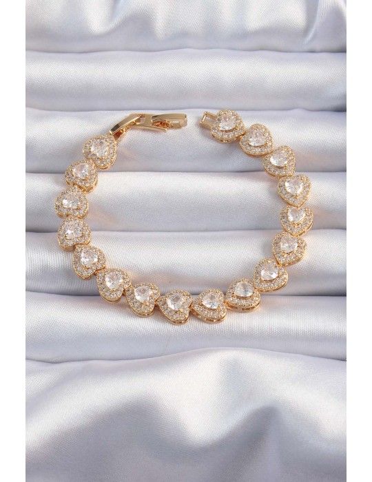 Pirinç Vip Seri Gold Renk Zirkon Taşlı Kalp Model Bileklik - TJ-BB6316