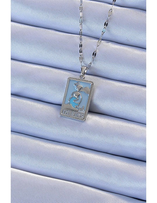 316L Çelik Zincir Gümüş Renk Mavi Mineli Tarot Kolye - TJ-BKO9210