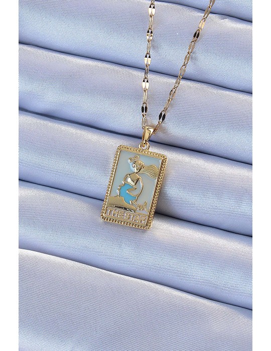 316L Çelik Zincir Altın Renk Mavi Mineli Tarot Kolye - TJ-BKO9211