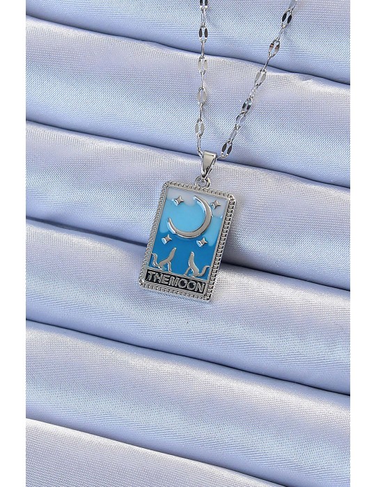 316L Çelik Zincir Gümüş Renk Mavi Mineli Ay Figür Tarot Kolye - TJ-BKO9212