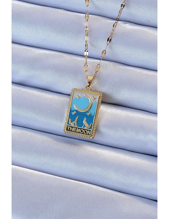 316L Çelik Zincir Altın Renk Mavi Mineli Ay Figür Tarot Kolye - TJ-BKO9213