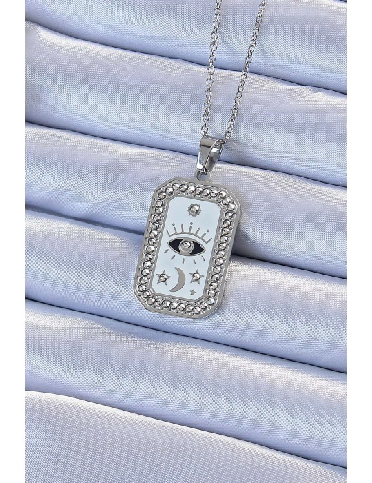 316L Çelik Zincir Gümüş Renk Mineli Zirkon Taşlı Göz Figür Tarot Kolye - TJ-BKO9214