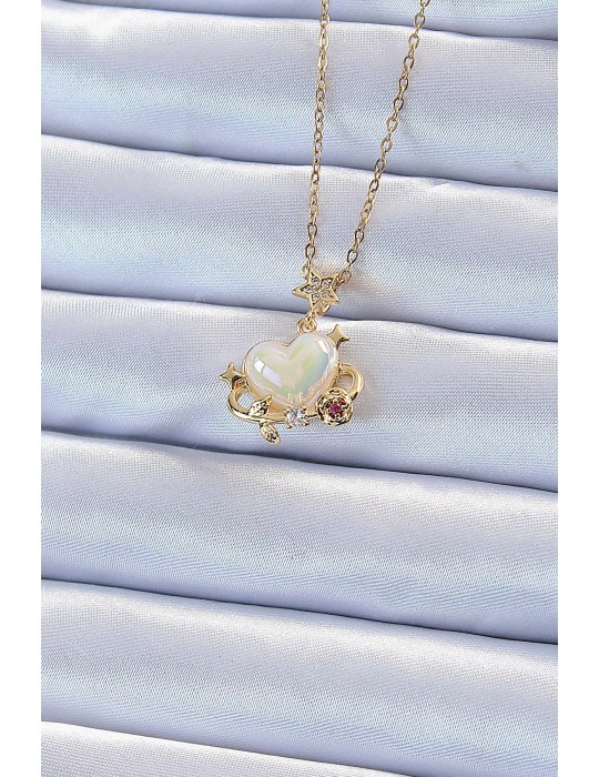 316L Çelik Zincir Altın Renk Zirkon Taşlı Gezegen Görünümlü Kalp Kolye - TJ-BKO9219