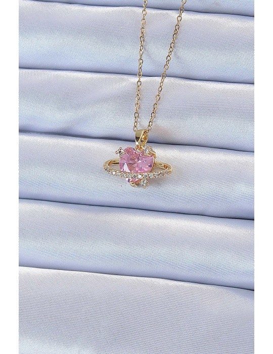 316L Çelik Zincir Altın Renk Pembe Zirkon Taşlı Satürn Görünümlü Kalp Kolye - TJ-BKO9220