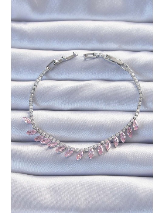 Pirinç Vip Seri Gümüş Renk Pembe Zirkon Taşlı Bileklik - TJ-BB6326