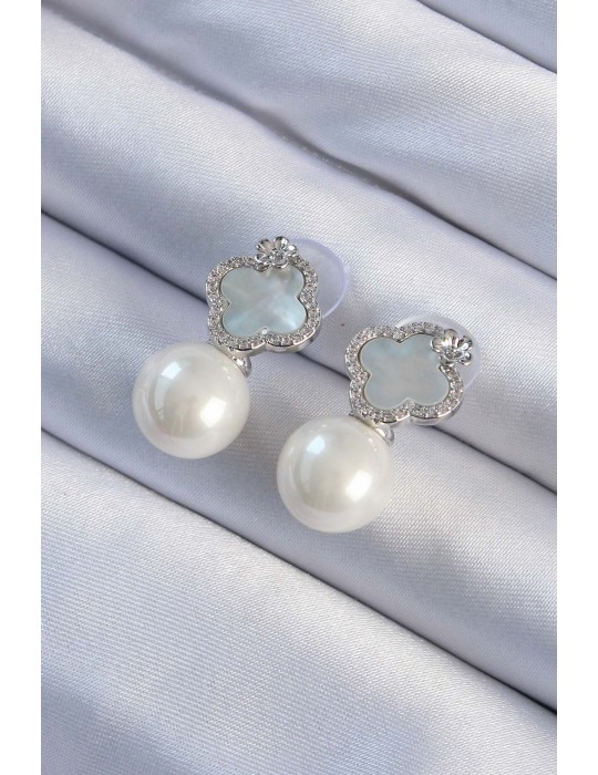 Pirinç Gümüş Renk Zirkon Taşlı Minimal Çiçek Tasarımlı Kadın Küpe - TJ-BKP9481