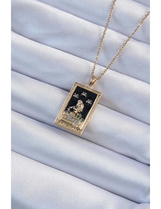 316L Çelik Zincir Altın Renk Zirkon Taşlı Siyah Mineli Kız Figürlü Tarot Kolye - TJ-BKO9227