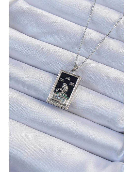 316L Çelik Zincir Gümüş Renk Zirkon Taşlı Siyah Mineli Kız Figürlü Tarot Kolye - TJ-BKO9228