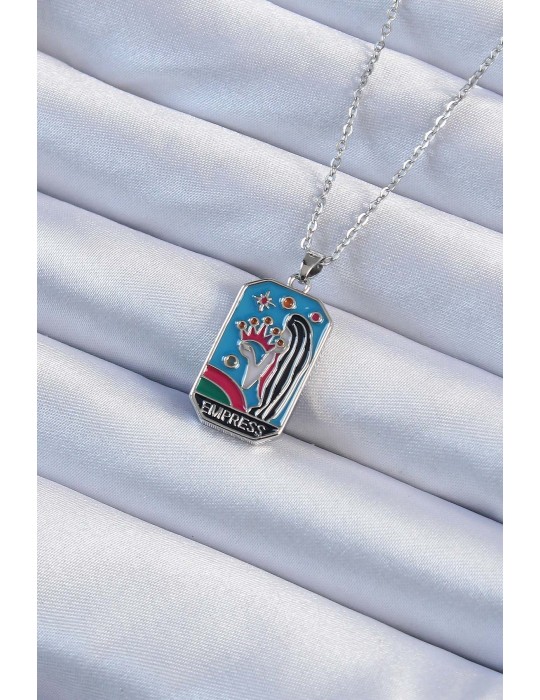 316L Çelik Zincir Gümüş Renk Taç ve Kız Figürlü Renkli Mineli Tarot Kolye - TJ-BKO9230
