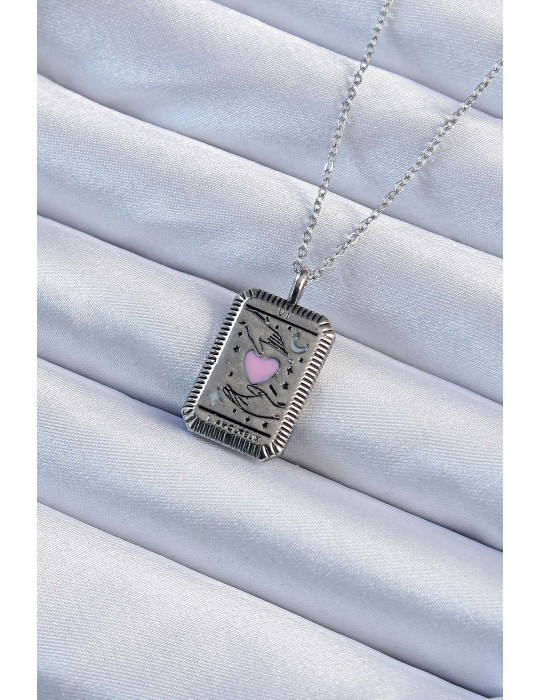 316L Çelik Zincir Eskitme Gümüş Renk Pembe Mineli Kalp Figürlü Tarot Kolye - TJ-BKO9232
