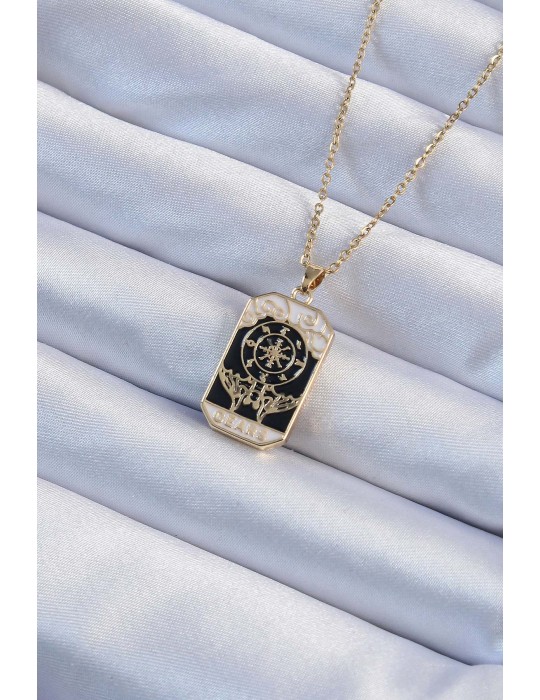 316L Çelik Zincir Altın Renk İşlemeli Siyah Mineli Tarot Kolye - TJ-BKO9236