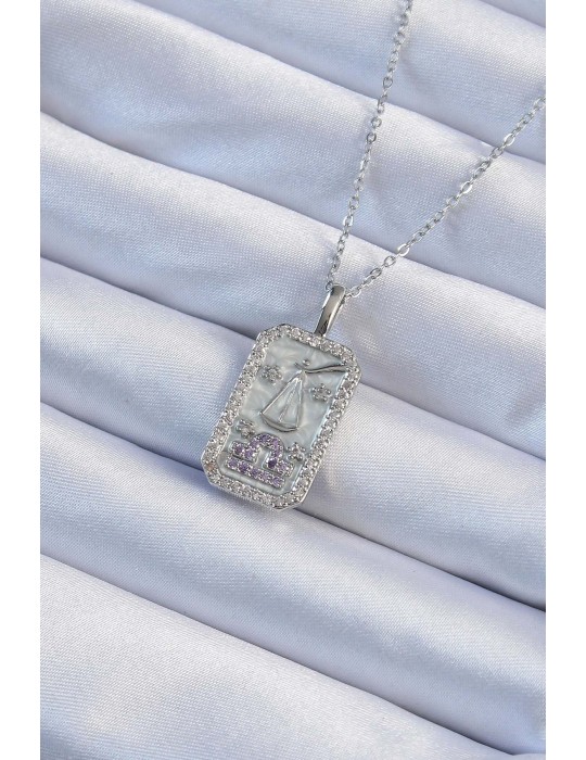 316L Çelik Zincir Gümüş Renk Lila Zirkon Taşlı Tarot Kolye - TJ-BKO9238