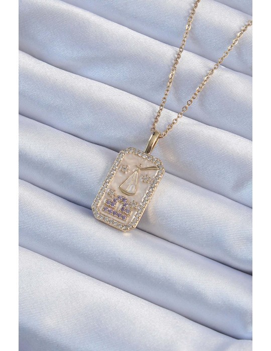 316L Çelik Zincir Altın Renk Lila Zirkon Taşlı Tarot Kolye - TJ-BKO9239