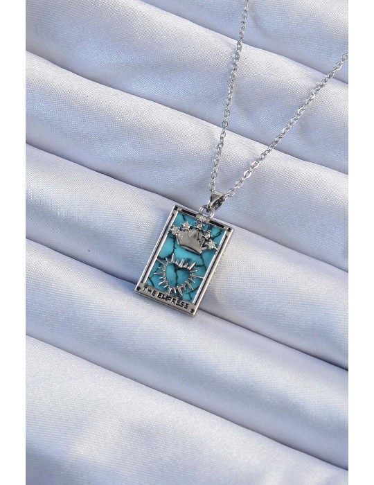 316L Çelik Zincir Gümüş Renk Zirkon Taşlı Mavi Mermer Desenli Taç Model Tarot Kolye - TJ-BKO9244
