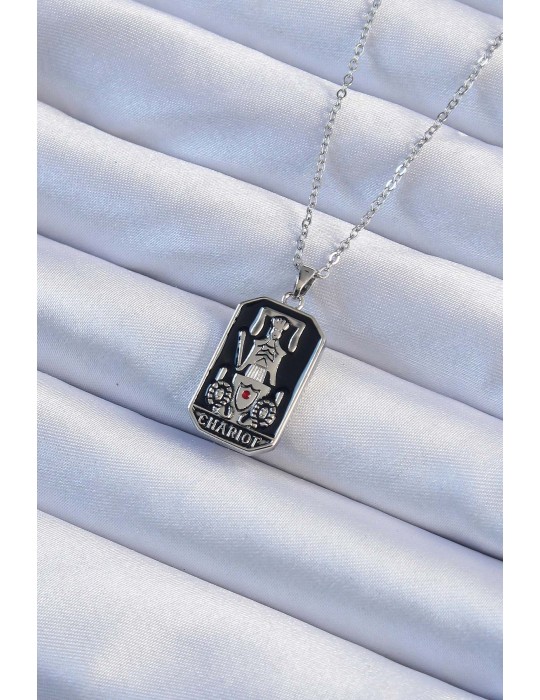 316L Çelik Zincir Gümüş Renk Siyah Mineli Tarot Kolye - TJ-BKO9246