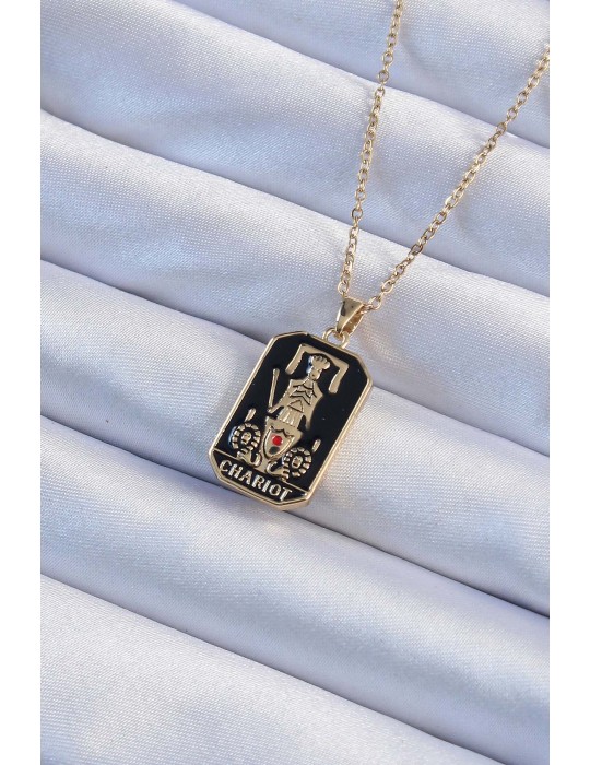 316L Çelik Zincir Altın Renk Siyah Mineli Tarot Kolye - TJ-BKO9247