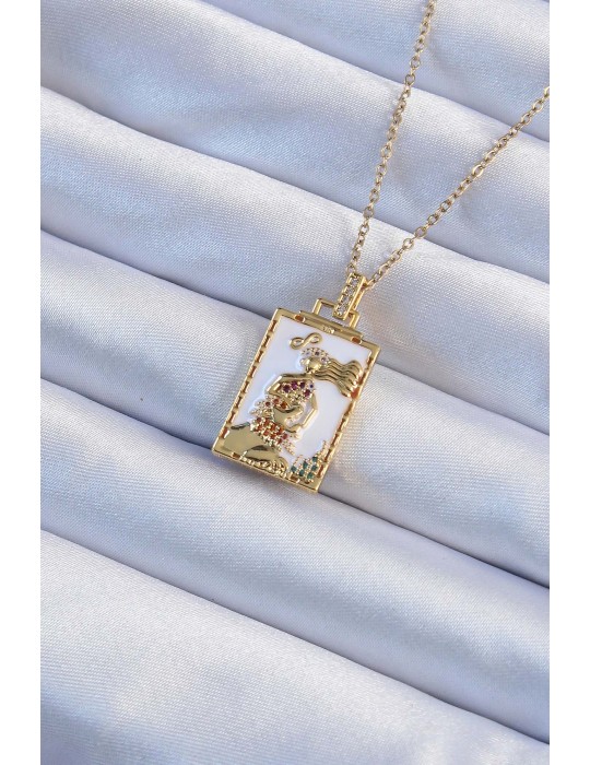 316L Çelik Zincir Altın Renk Beyaz Mineli Tarot Kolye - TJ-BKO9249