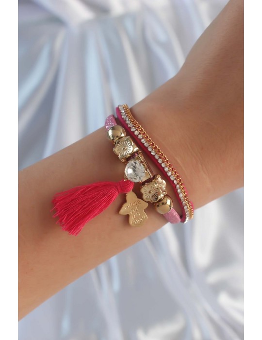 Pembe Renk Zirkon Taşlı Püskül Detay Deri Çoklu Bileklik - TJ-BB6343