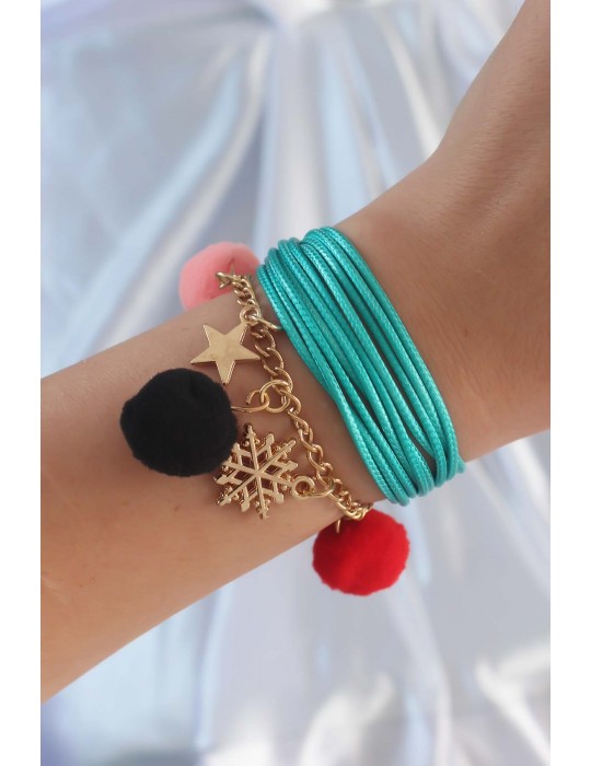 Turkuaz Renk Kar Tanesi Figür Zincir Detay İpli Çoklu Bileklik - TJ-BB6346