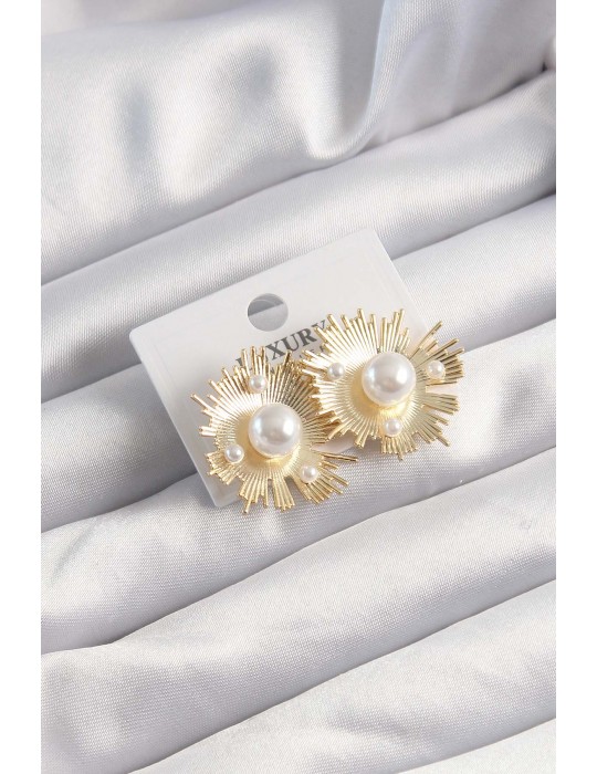 Pirinç Gold Renk Zirkon Taşlı Parlayan İnci Taneleri Küpe - TJ-BKP9505