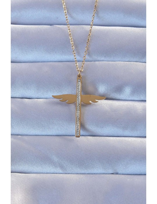 316L Çelik Altın Renk Zirkon Taşlı Mikail Kolye - TJ-BKO9265