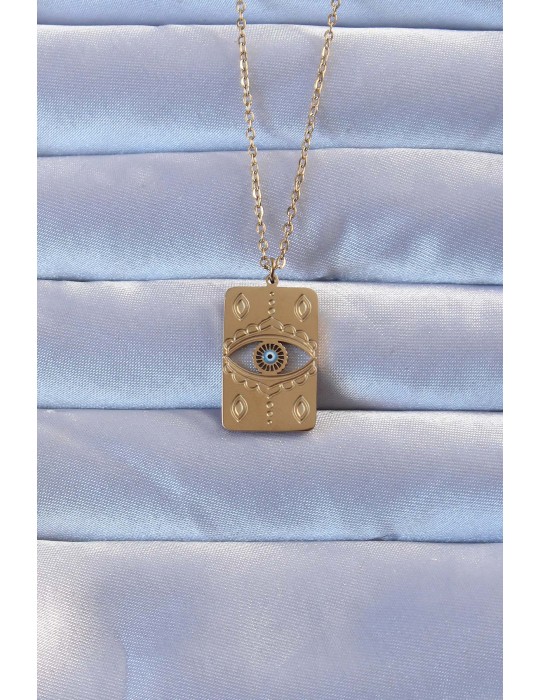 316L Altın Renk İşlemeli Nazarlı Vintage Kolye - TJ-BKO9266