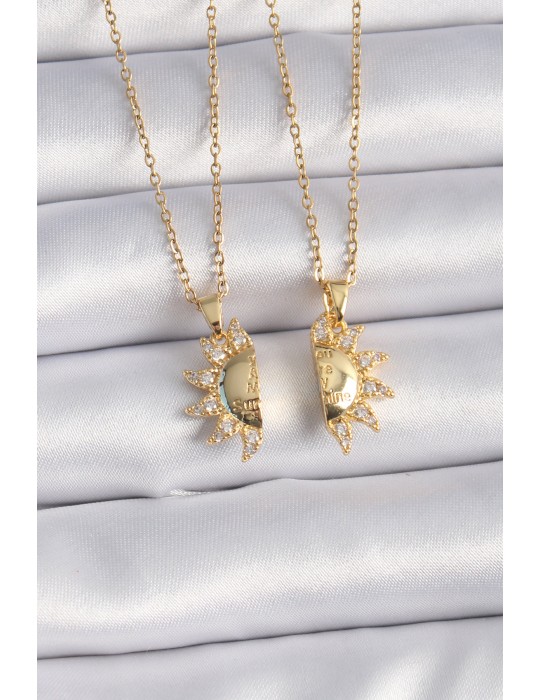 316L Çelik Gold Renk Zirkon Taşlı Güneş Model İşleme Yazı Detay Arkadaş Kolyesi - TJ-BKO9288