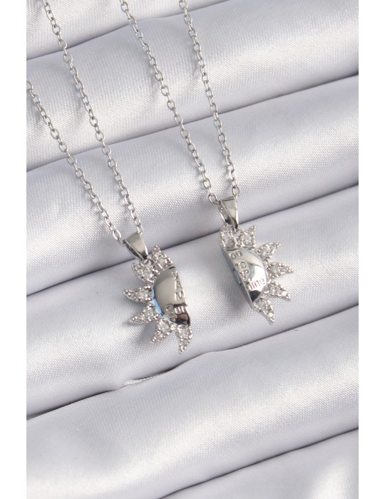 316L Çelik Gümüş Renk Zirkon Taşlı Güneş Model İşleme Yazı Detay Arkadaşlık Kolyesi - TJ-BKO9289